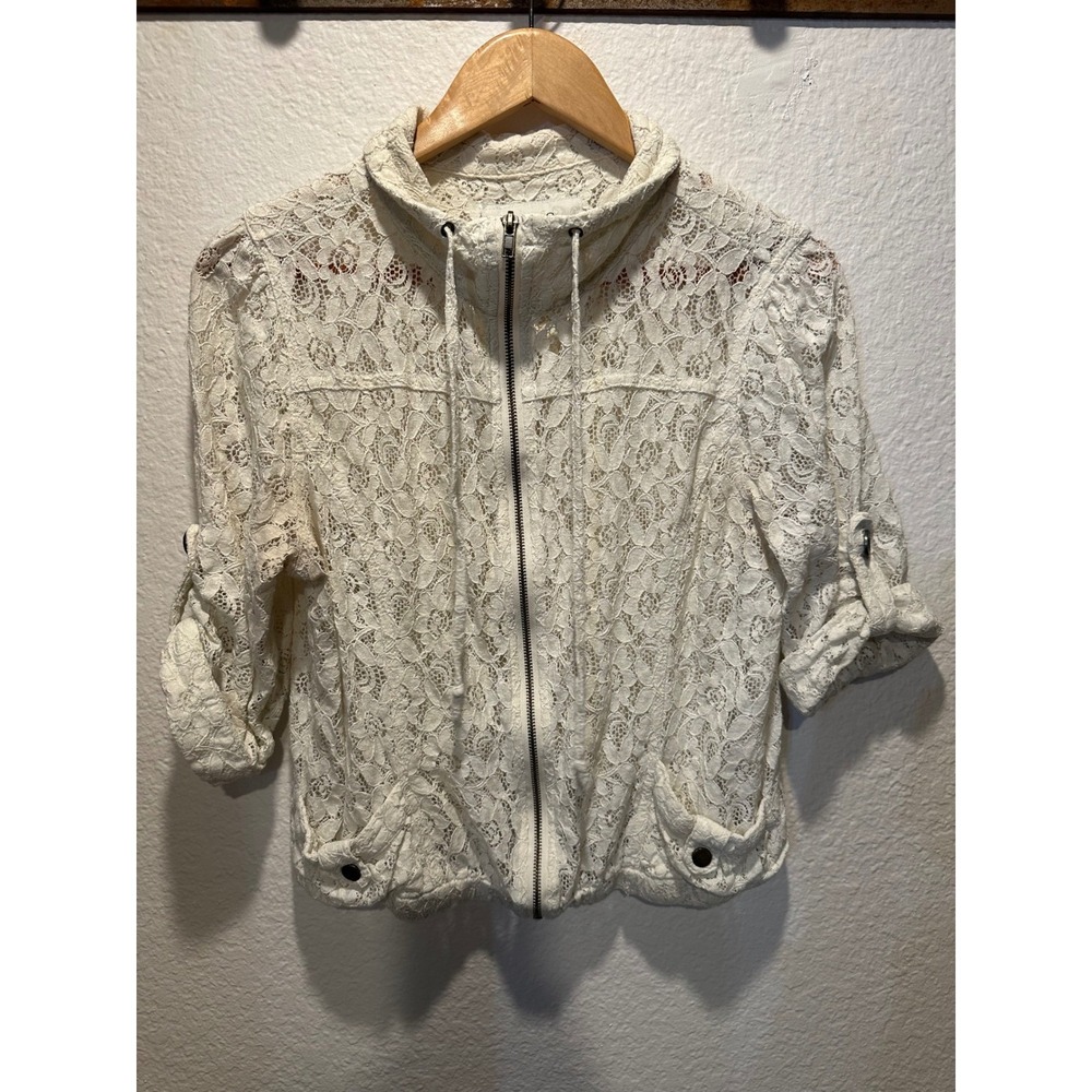 American Rag Womens XL Ivory Floral Lace Zip Up Bomber Jacket Short Sleeve Cream - Picture 3 of 15